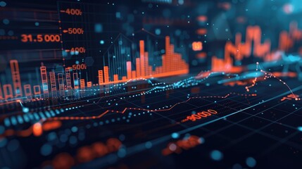 A stock market graph with fluctuating lines and bar charts, integrated into a digital interface with financial icons