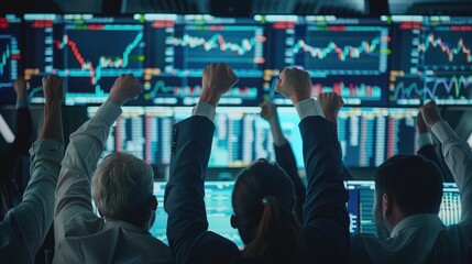 A team of financial experts celebrating a successful investment, with stock future trading charts displaying positive results on screens