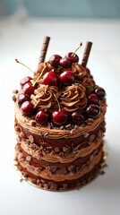 Opulent black forest gateau with chocolate shavings, plump cherries, and piped whipped cream rosettes, isolated on bright white backdrop