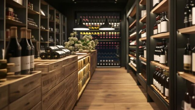 Modern elite store of expensive fine wines close up. Interior of an alcohol salon for rich people. Bar, bottles of red wine on the shelves closeup.
