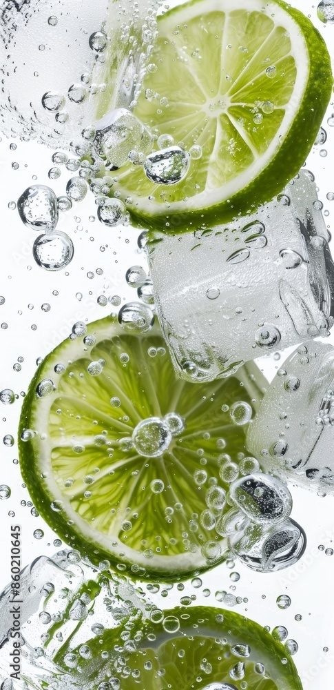 Poster closeup of refreshing sparkling water with lime slices and ice cubes