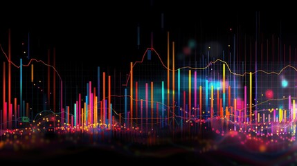 A vibrant stock market graph with multicolored lines and bar charts, illustrating diverse market activities