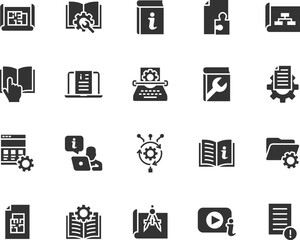 Vector set of technical documentation flat icons. Contains icons instruction, plan, manual, blueprint, algorithm, information, reference document, video tutorial and more. Pixel perfect.