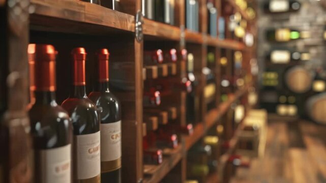 Modern elite store of expensive fine wines close up. Interior of an alcohol salon for rich people. Bar, bottles of red wine on the shelves closeup.