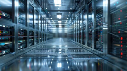 Obraz premium Massive servers and data storage units representing big data infrastructure in a futuristic facility.