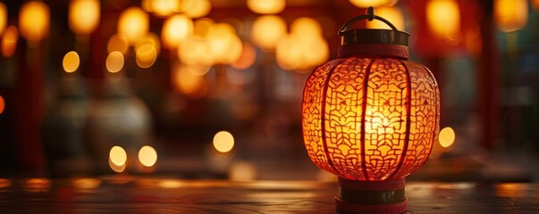 Fototapeta premium Traditional lantern glowing warmly in an ambient setting, evoking a festive and cultural atmosphere. Perfect for Asian and festive themes.
