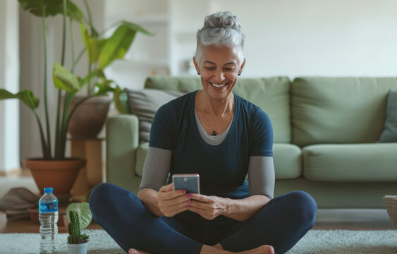 A middle-aged woman in dark blue yoga pants sits on the floor of her living room, smiling at an iPhone she is holding and reading. She has short silver hair tied back with some graying strands