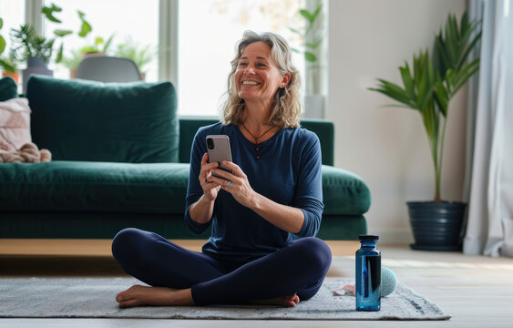 A middle-aged woman in dark blue yoga pants sits on the floor of her living room, smiling at an iPhone she is holding and reading. She has short silver hair tied back with some graying strands
