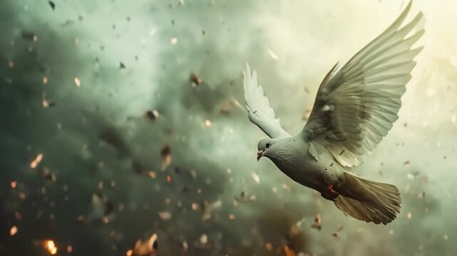 The white dove is a symbol of peace and hope. Beautiful bird flying, scary horrible war background. Street pigeon. Love and peace concept. Bombing and explosions.
