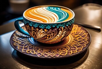 intricately designed foam art coffee creative barista latte decoration, cappuccino, espresso, swirls, frothy, pattern, cafe, beverage, milk, artistic, detail,