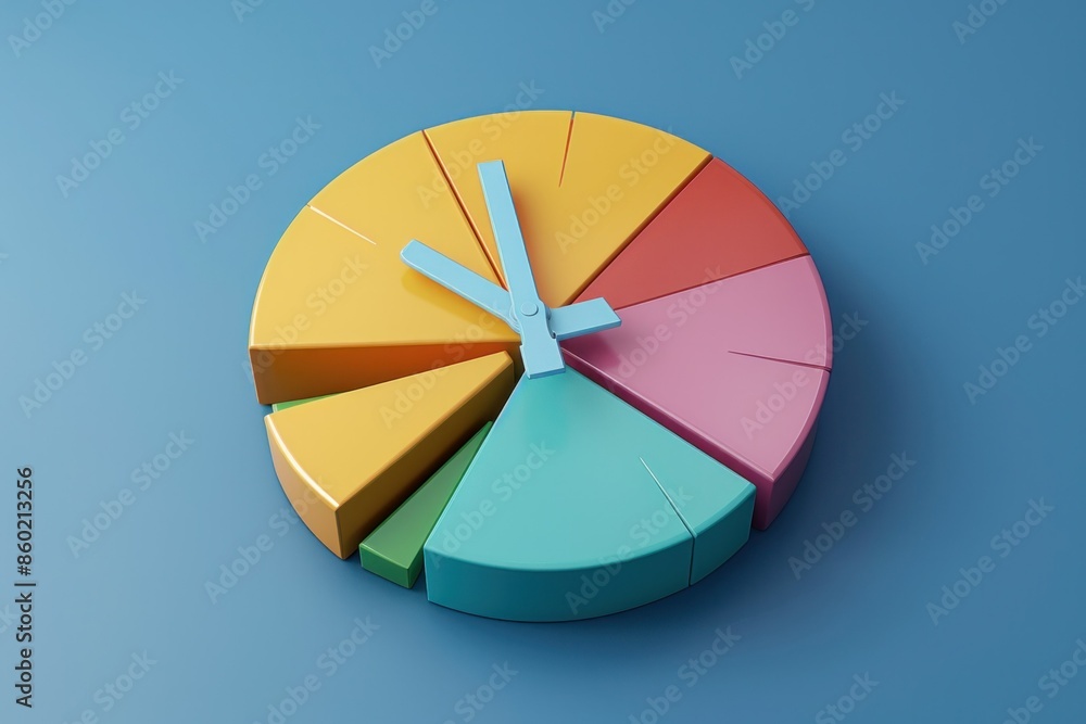 Poster colorful pie chart with clock in the middle on blue background representing time management and busi