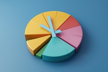 Obraz premium Colorful pie chart with clock in the middle on blue background representing time management and business analysis