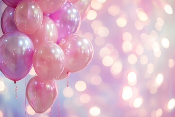 Pink background with balloons and copy space. It's a girl backdrop with empty space for text. Baby shower or birthday invitation, party. Women's Day. Baby girl birth announcement.