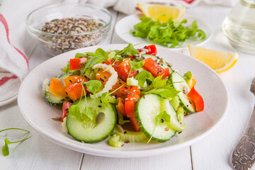 Salad of fresh cucumbers, celery, sweet peppers, herbs and pumpkin seeds, sunflowers, sesame seeds with olive oil. Healthy vegetarian, vegan food. Italian Cuisine