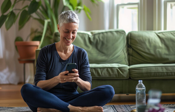 A middle-aged woman in dark blue yoga pants sits on the floor of her living room, smiling at an iPhone she is holding and reading. She has short silver hair tied back with some graying strands