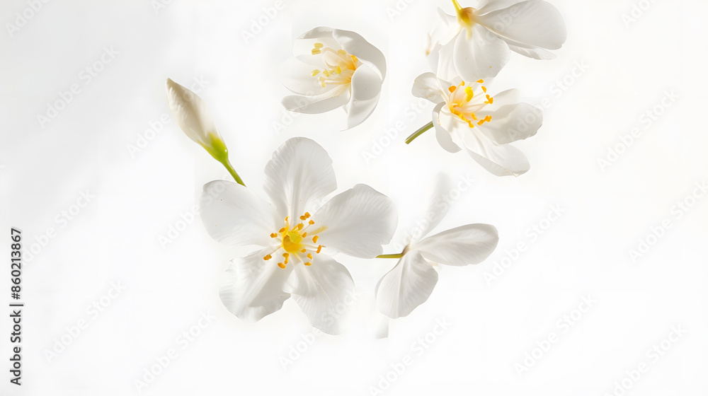 Poster jasmine bloom a beautifull white flower of jasmine falling in the air isolated on white background l