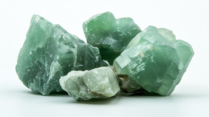 Raw green aventurine crystal with rough texture on white background.