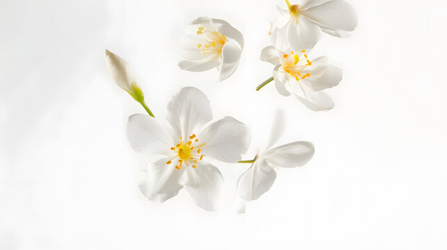 Jasmine bloom A beautifull white flower of Jasmine falling in the air isolated on white background Levitation or zero gravity concept High resolution image : Generative AI - Powered by Adobe
