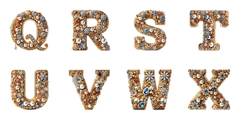 Fototapeta premium Artistic Alphabet Letters Decorated with Gems and Pearls: Ornate Letters Q to X Adorned with Intricate Jewelry Designs