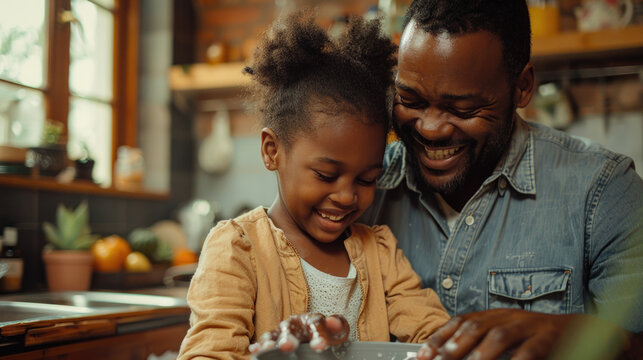 Padre afro americano con su hija, fregando los platos en el hogar, sonriendo y disfrutando del amor juntos.