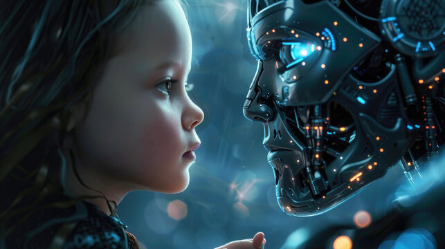 Encuentro con la tecnolog&iacute;a, concepto de desarrollo y futuro entre los ni&ntilde;os y las nuevas tecnolog&iacute;as. Inteligencias artificiales.