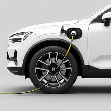 Coche blanco el&eacute;ctrico en estaci&oacute;n de carga, concepto de ecologismo y respeto al medio ambiente.