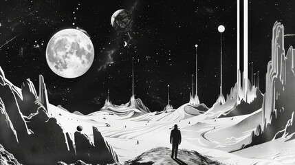 Futuristic retro y2k design elements Cyberpunk 80s 90s style, artwork illustration science fiction magazine, book cover, flat tattoo, black and white. Man in space with moon and mountains