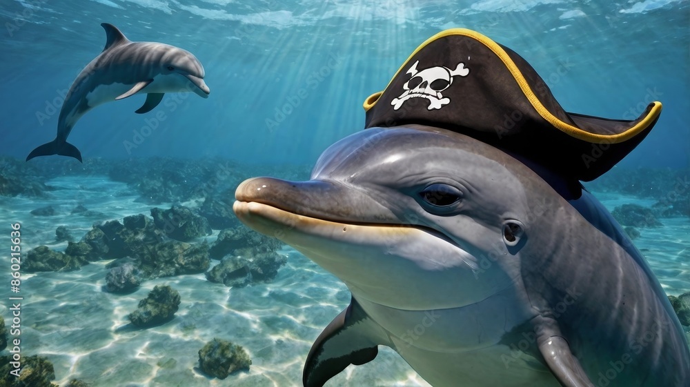 Wall mural A dolphin wearing a pirate's hat is swimming in the ocean - Wall murals