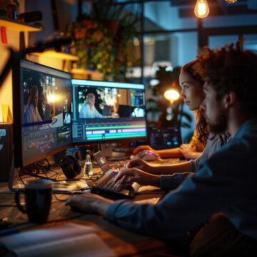 J&oacute;venes, trabajando digitalmente y un estudio usando monitores editor de audio, te nolog&iacute;as.