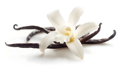 Tender vanilla flower and dry vanilla pods isolated on white background : Generative AI