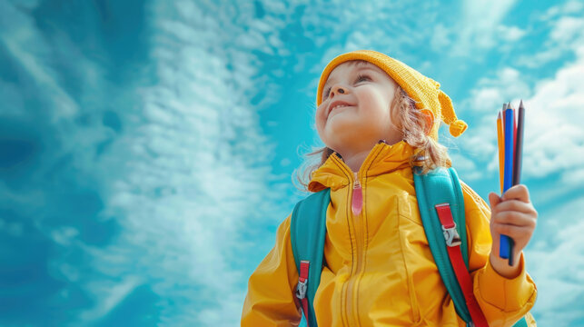 Regreso al cole o a la escuela, comienzo del curso estudiantil. Ni&ntilde;o feliz deseoso de comenzar el nuevo curso escolar, concepto de comienzo de la escuela con alegr&iacute;a y ganas.
