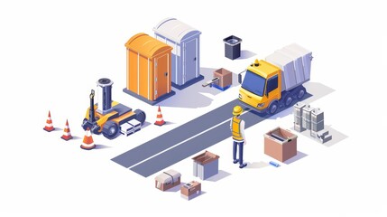 Obraz premium A construction site with a crane, dump trucks, and other vehicles