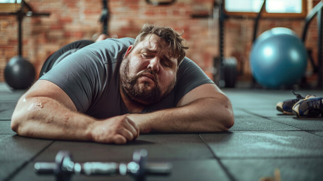 Hombre obeso, tirado en el gimnasio, cansado y extenuado.