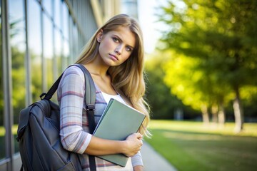 Fototapeta premium portrait of beautiful girl student with book in hands in the park