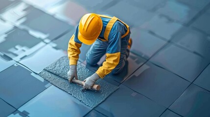 A man is painting a sidewalk with a roller