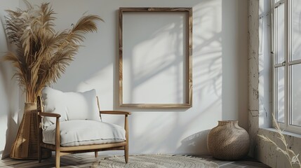 Wooden frame mockup close up standing near chair and vase in interior