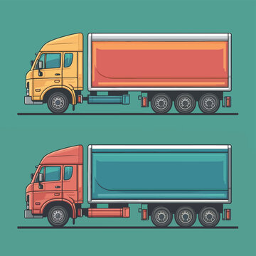 Semi trailer truck vector template with simple colors without gradients and effects. View from side, front, back, and top with white background
