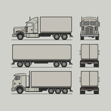 Semi trailer truck vector template with simple colors without gradients and effects. View from side, front, back, and top with white background
