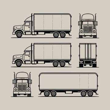 Semi trailer truck vector template with simple colors without gradients and effects. View from side, front, back, and top with white background

