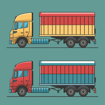 Semi trailer truck vector template with simple colors without gradients and effects. View from side, front, back, and top with white background
