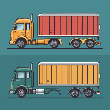 Semi trailer truck vector template with simple colors without gradients and effects. View from side, front, back, and top with white background

