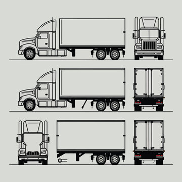 Semi trailer truck vector template with simple colors without gradients and effects. View from side, front, back, and top with white background
