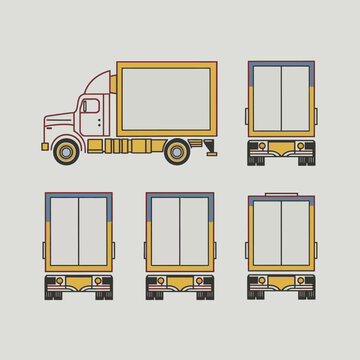 Semi trailer truck vector template with simple colors without gradients and effects. View from side, front, back, and top with white background
