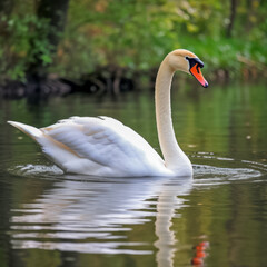 Fototapeta premium Schöner weisser Schwan schwimmt in einem See, Generative AI