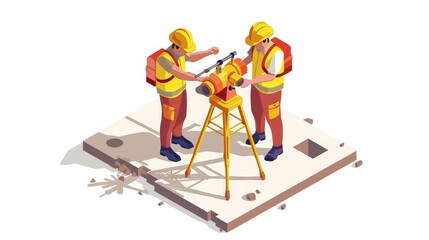 Two men are working on a surveying device