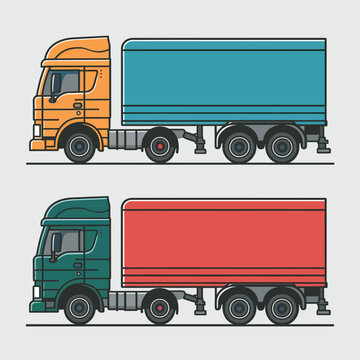 Semi trailer truck vector template with simple colors without gradients and effects. View from side, front, back, and top with white background
