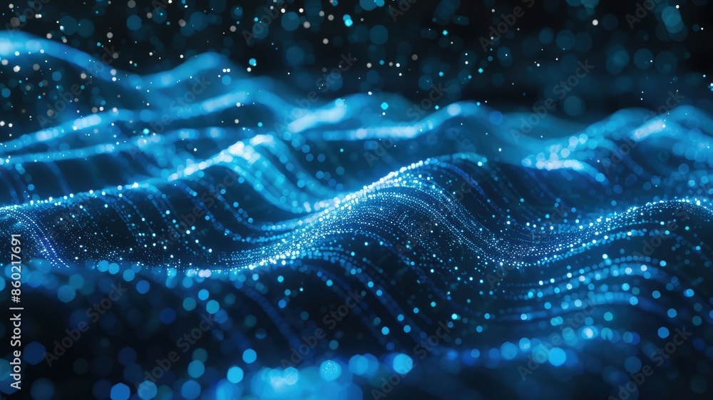 Poster abstract visual of glowing blue lines resembling wavy light patterns, emphasizing digital aesthetics