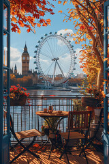 A cozy balcony overlooks the Thames with the London Eye and Big Ben in the background, framed by vibrant autumn leaves and a serene morning scene