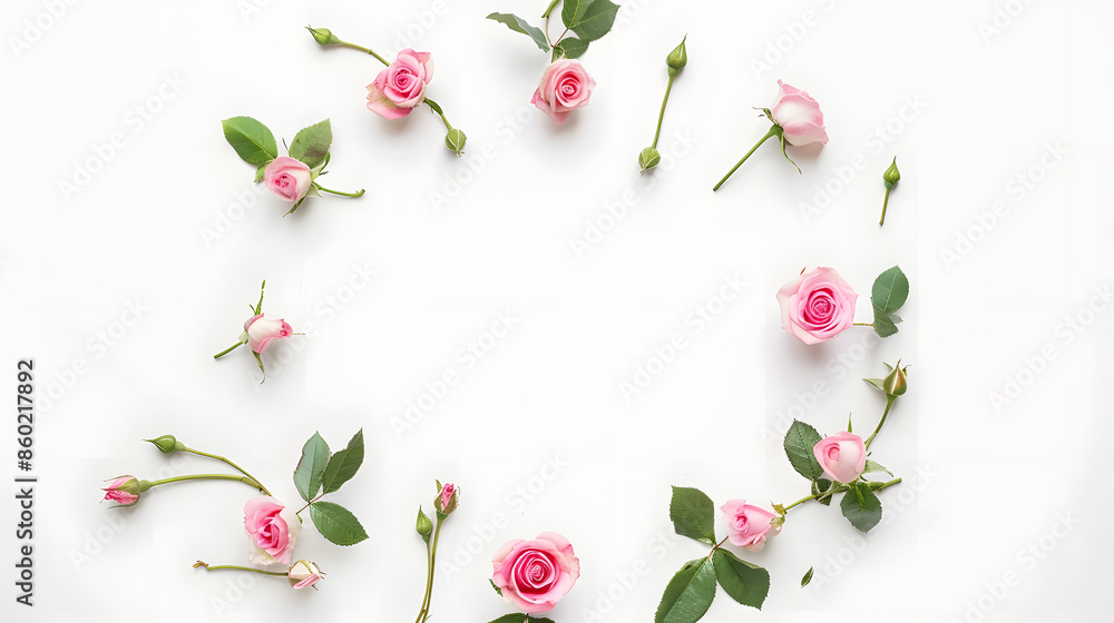 Poster round frame wreath pattern with roses pink flower buds branches and leaves isolated on white backgro