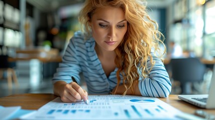 Woman Focused on Financial Analysis. Young woman focusing on financial analysis, highlighting dedication, concentration, and attention to detail in a professional setting.